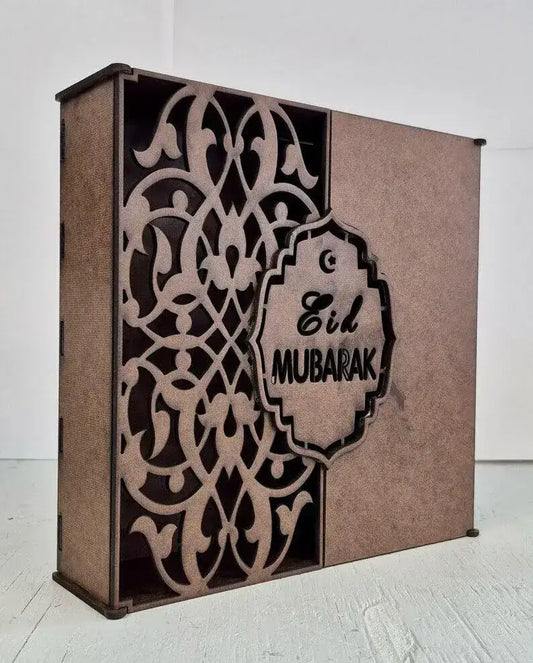 Handcrafted Wooden Eid Mubarak Gift Box | Laser-Cut Ramadan Decor | Elegant Keepsake Box