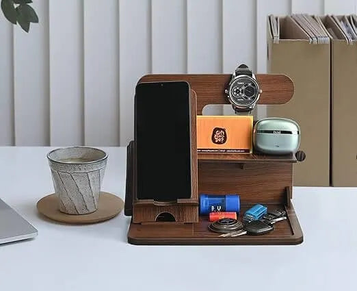 Desk Organizer & Docking Station (6 in 1) with Mobile Stand Gift for Him Gift for Husband Gift for Brother Table Organizer (Eco Friendly) (Wood)