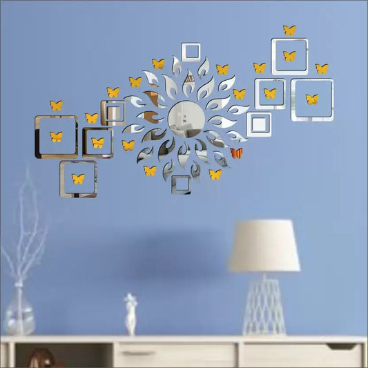 Sun Flame 12 Square Silver With 20 Butterfly Golden 3D Acrylic Mirror Wall Sticker Decoration for Kids Room/Living Room/Bedroom/Office/Home Wall Pack of 57  (Silver, Golden)